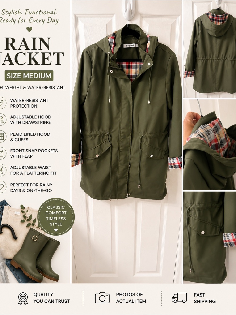 Plaid-Lined Olive Utility Rain Jacket with Hood